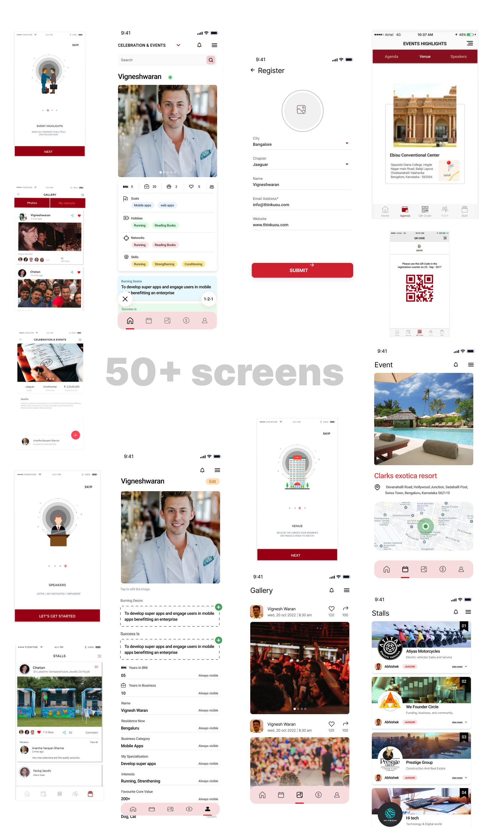 BANG UI design collage — 50+ screens covering registration, profiles, events, gallery and stalls