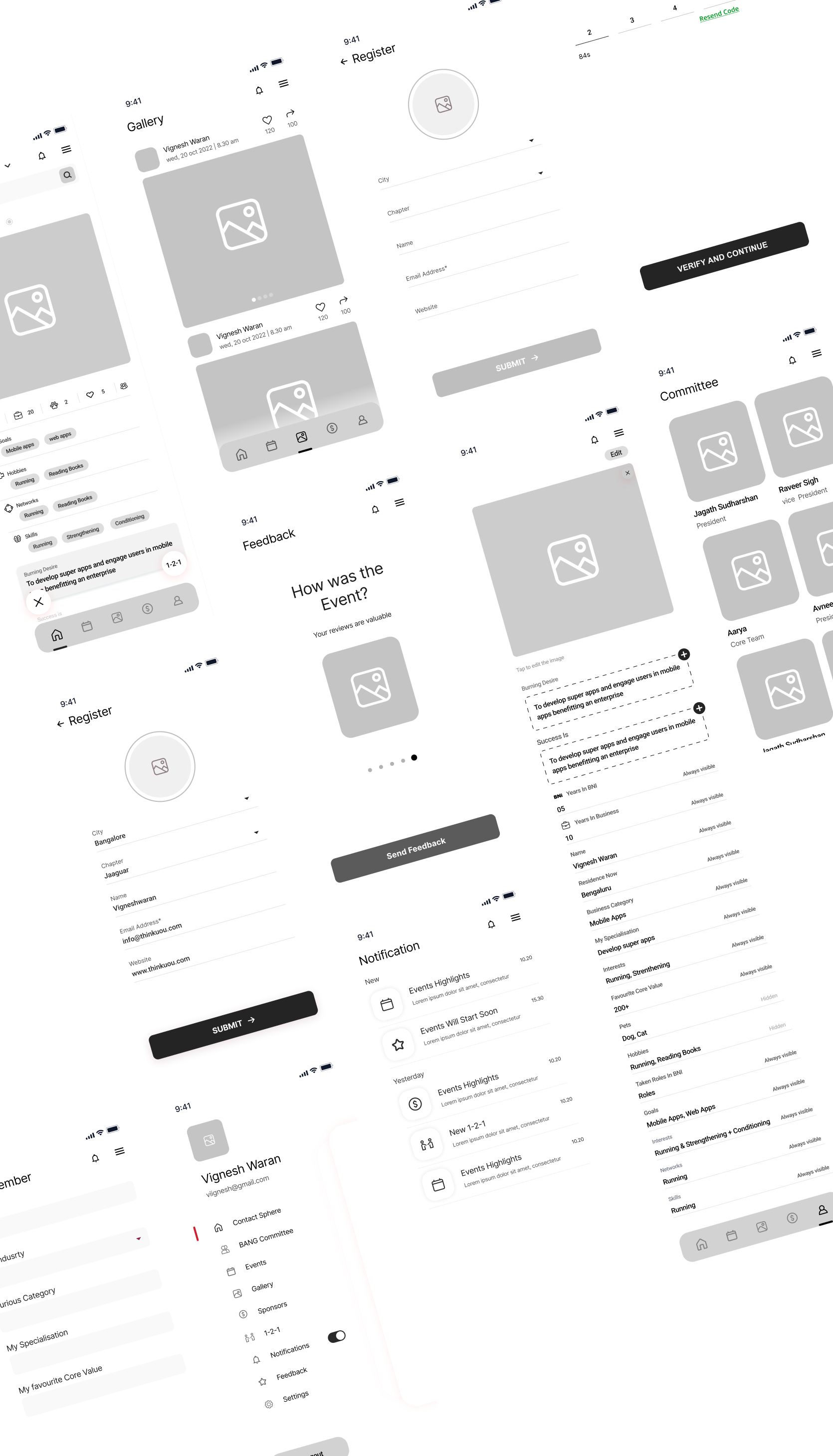 BANG wireframe collage — registration, OTP verification, profile, notifications and feedback screens