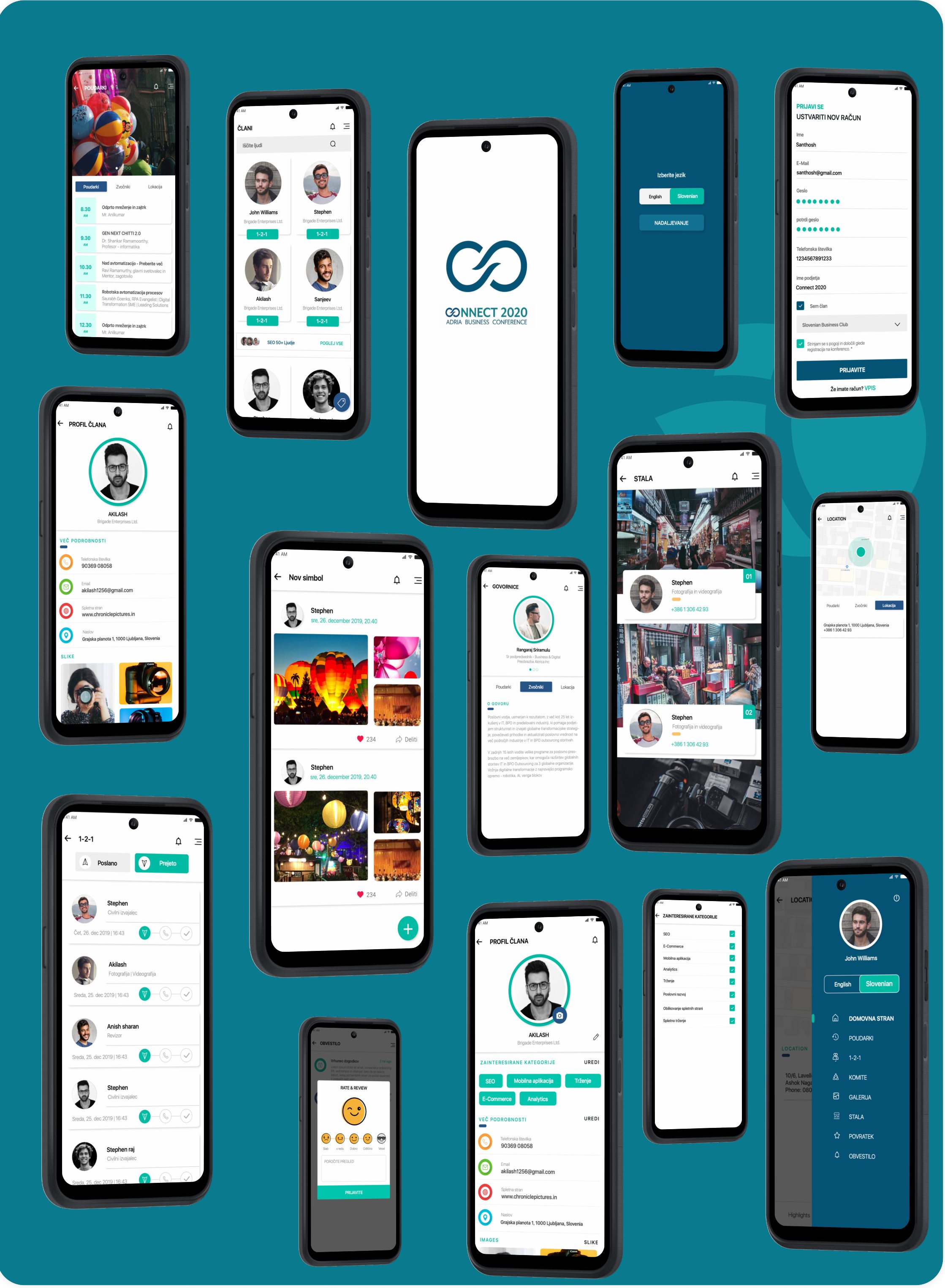 The full Connect 2020 UI screen set — agenda, profiles, chat, gallery, maps, sign-in and feedback