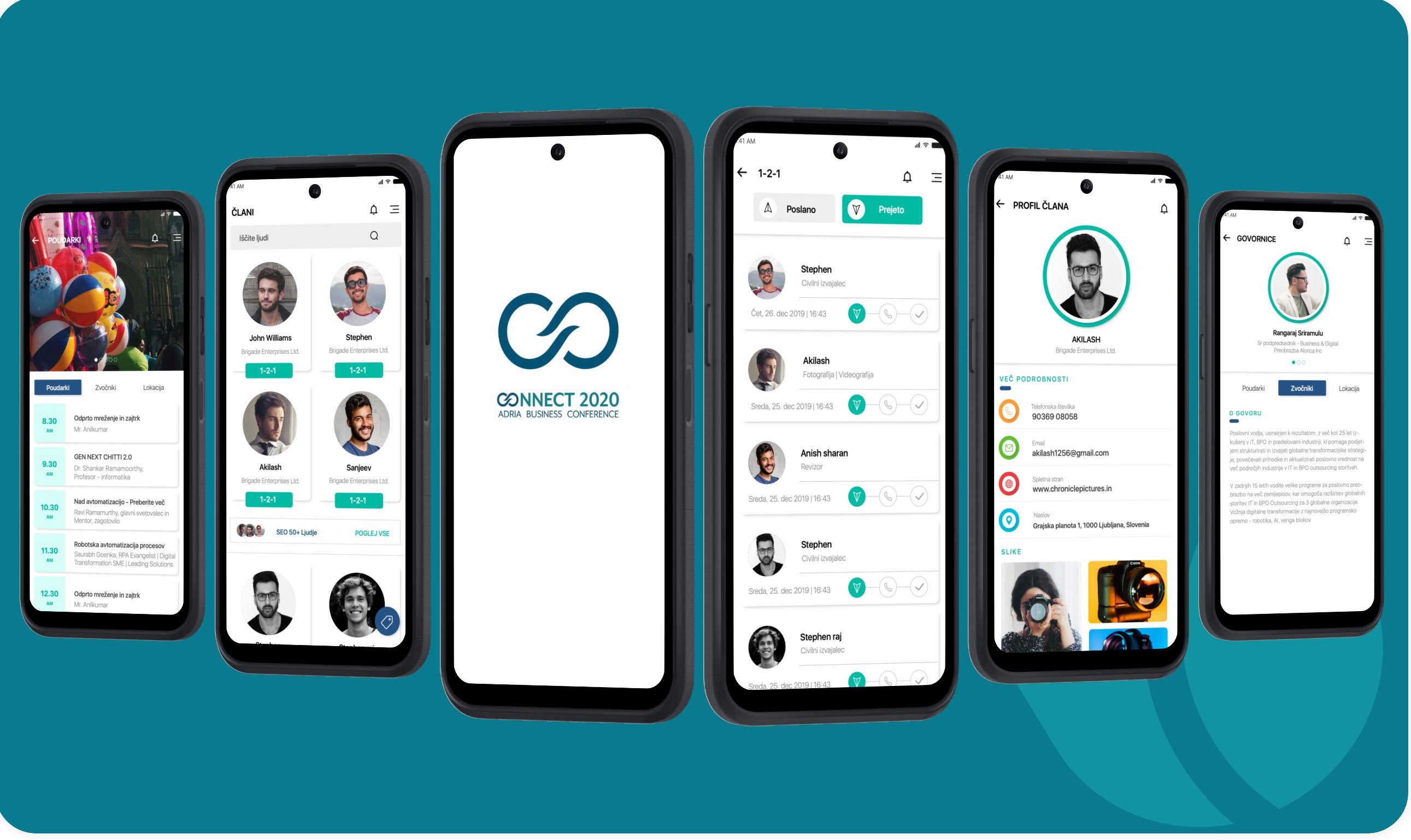 Six Connect 2020 wireframe screens — agenda, member list, splash, 1-2-1 chat, member profile and speakers