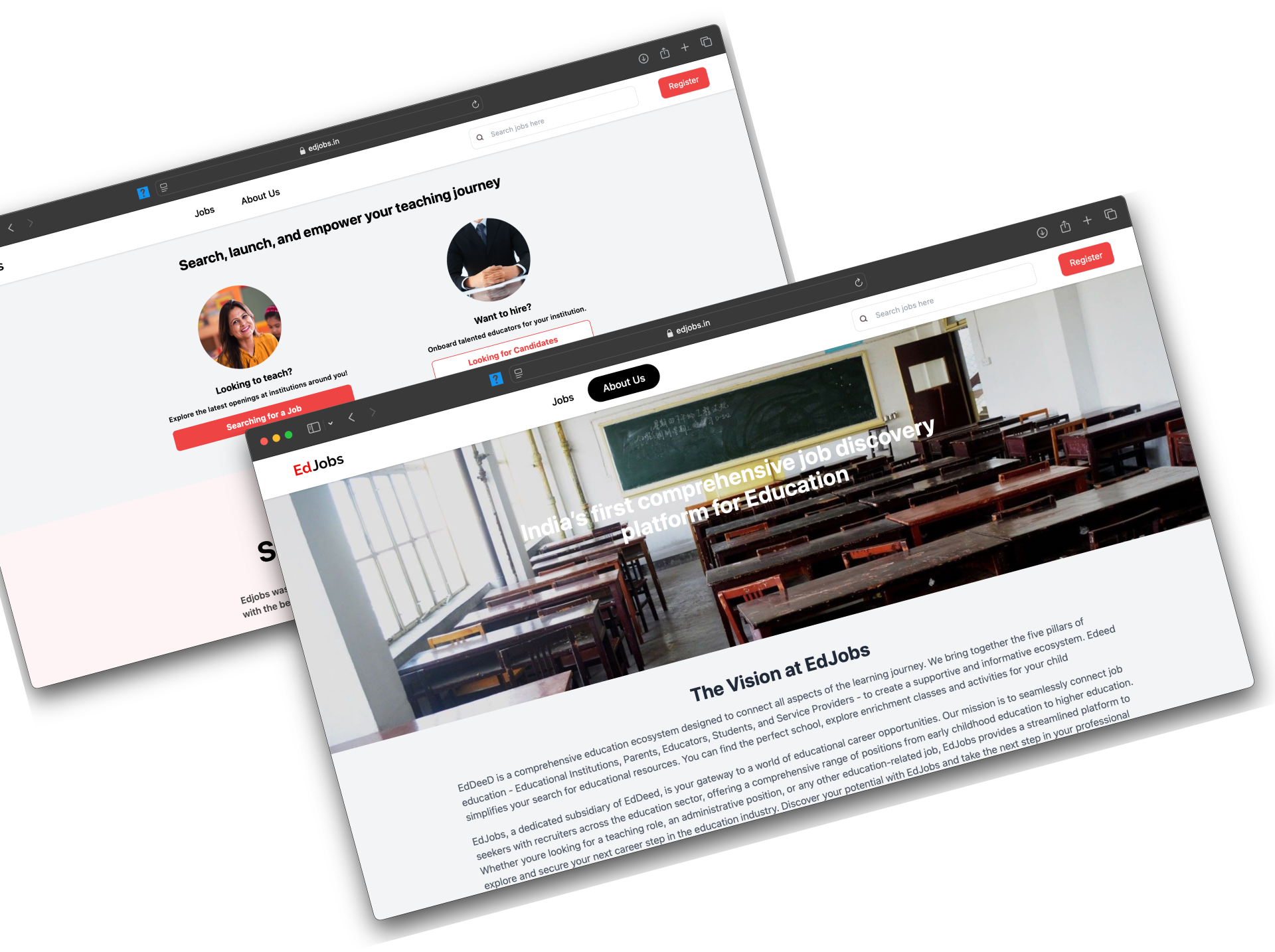 EdJobs showcase — overlapping browser views of the home page and the Vision at EdJobs page