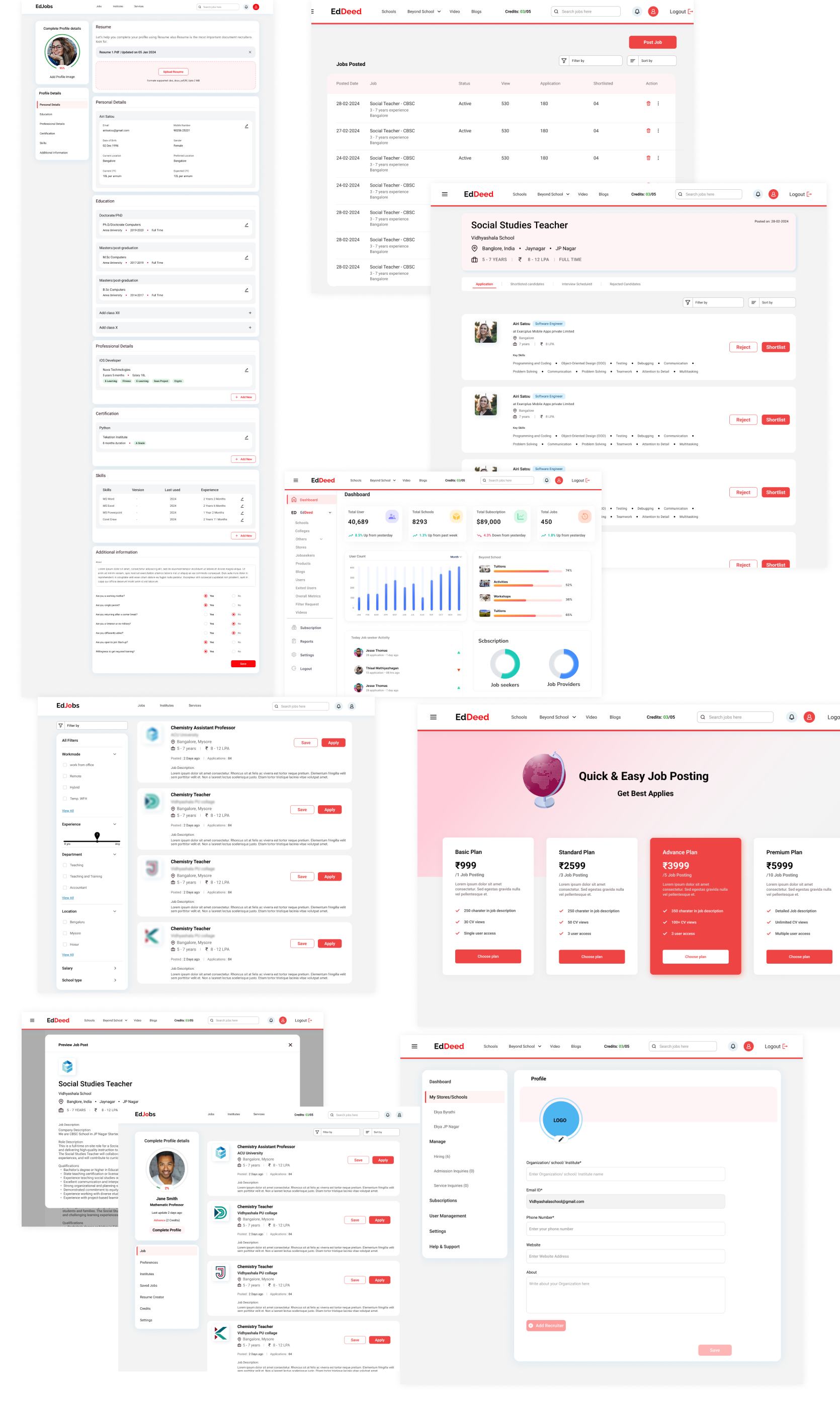 EdJobs UI design collage — landing page, job listings, recruiter analytics and mobile screens