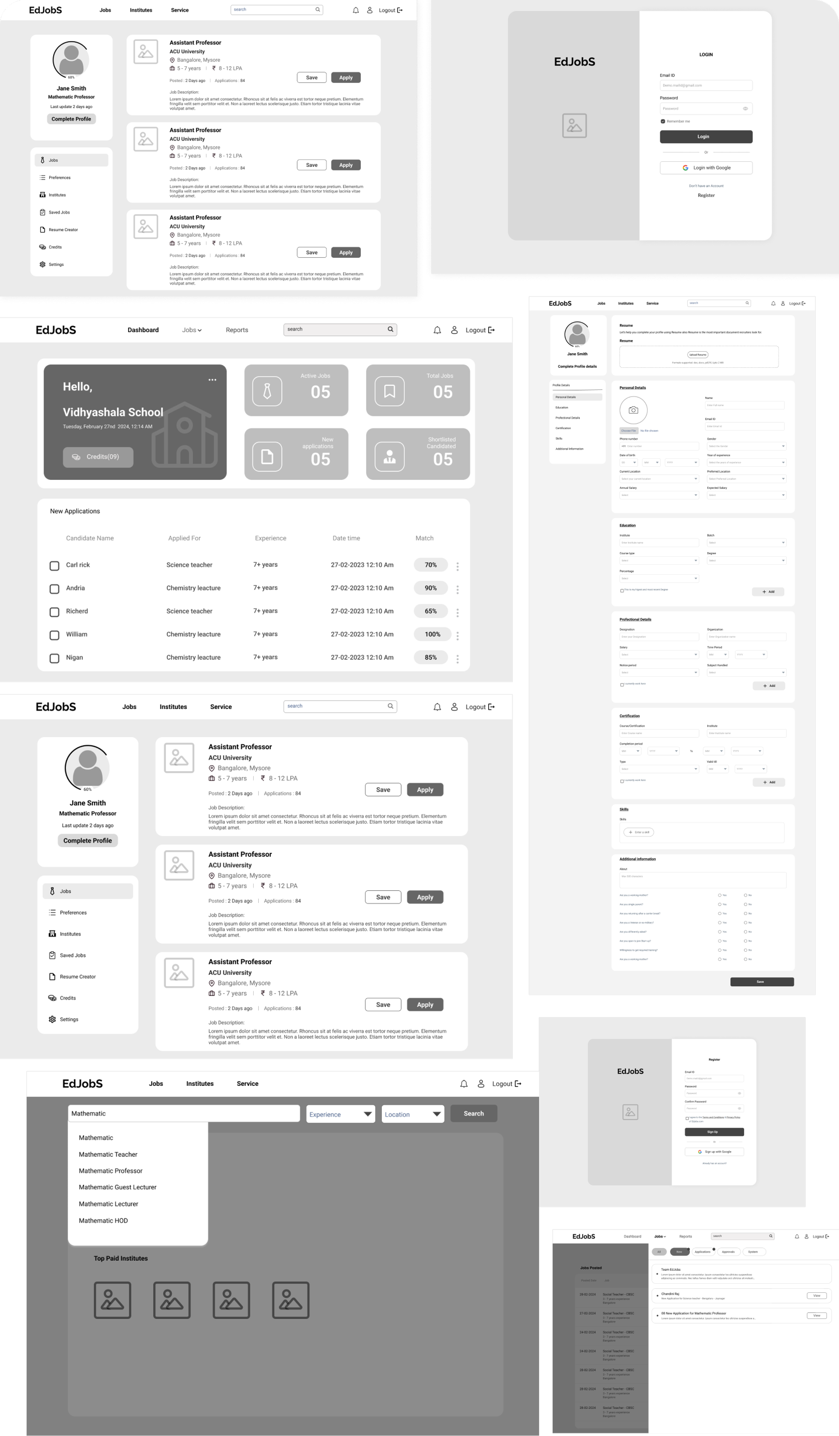 EdJobs wireframe collage — job seeker, recruiter dashboard and profile screens