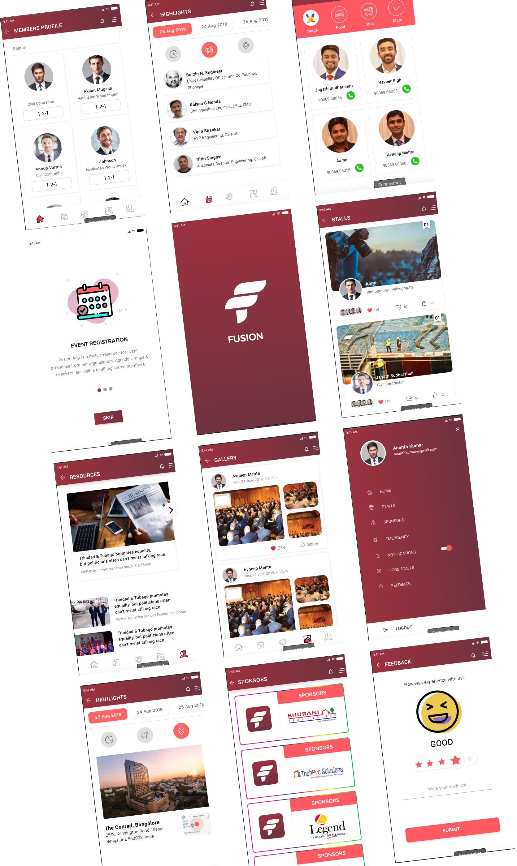 Fusion UI design collage — profiles, feed, schedule and feedback screens