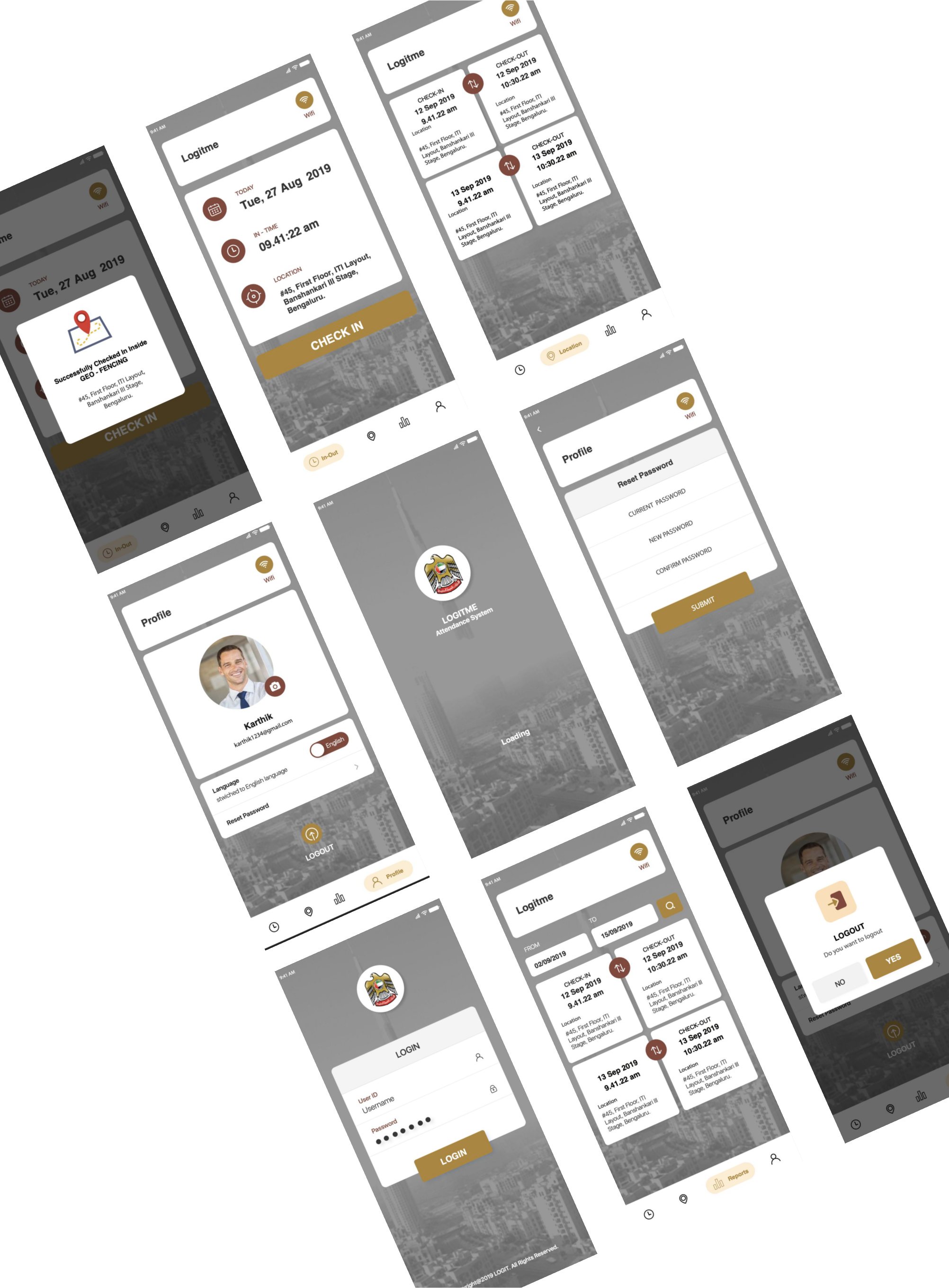 Nine Logitme interface screens in the dark-brown and gold scheme — check-in, history, profile, login and logout