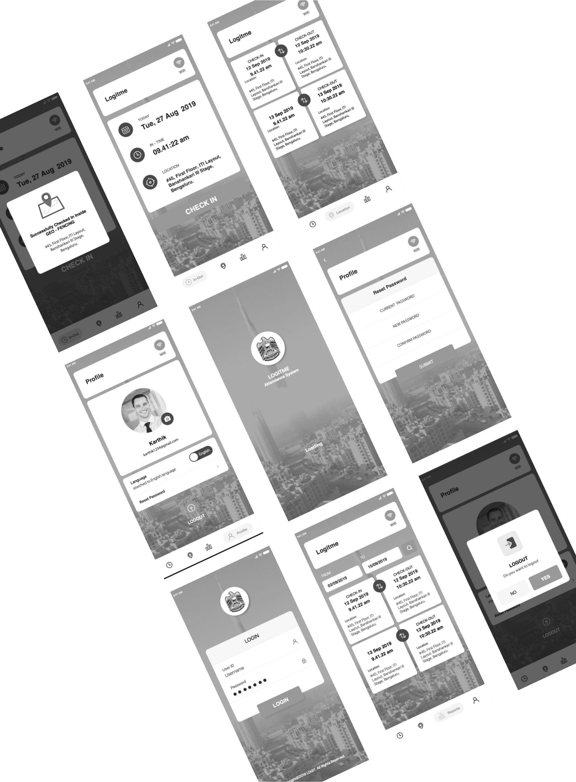 Nine greyscale Logitme wireframe screens laid out at an angle — check-in, check-out history, profile, login and logout