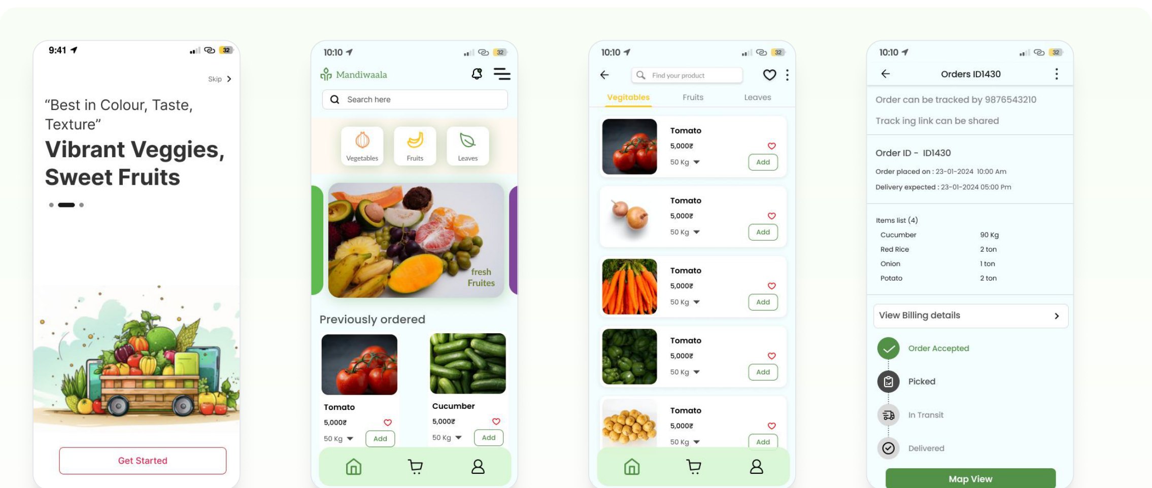 Buyer Mobile App — Intro, Home, Product List, Order Details