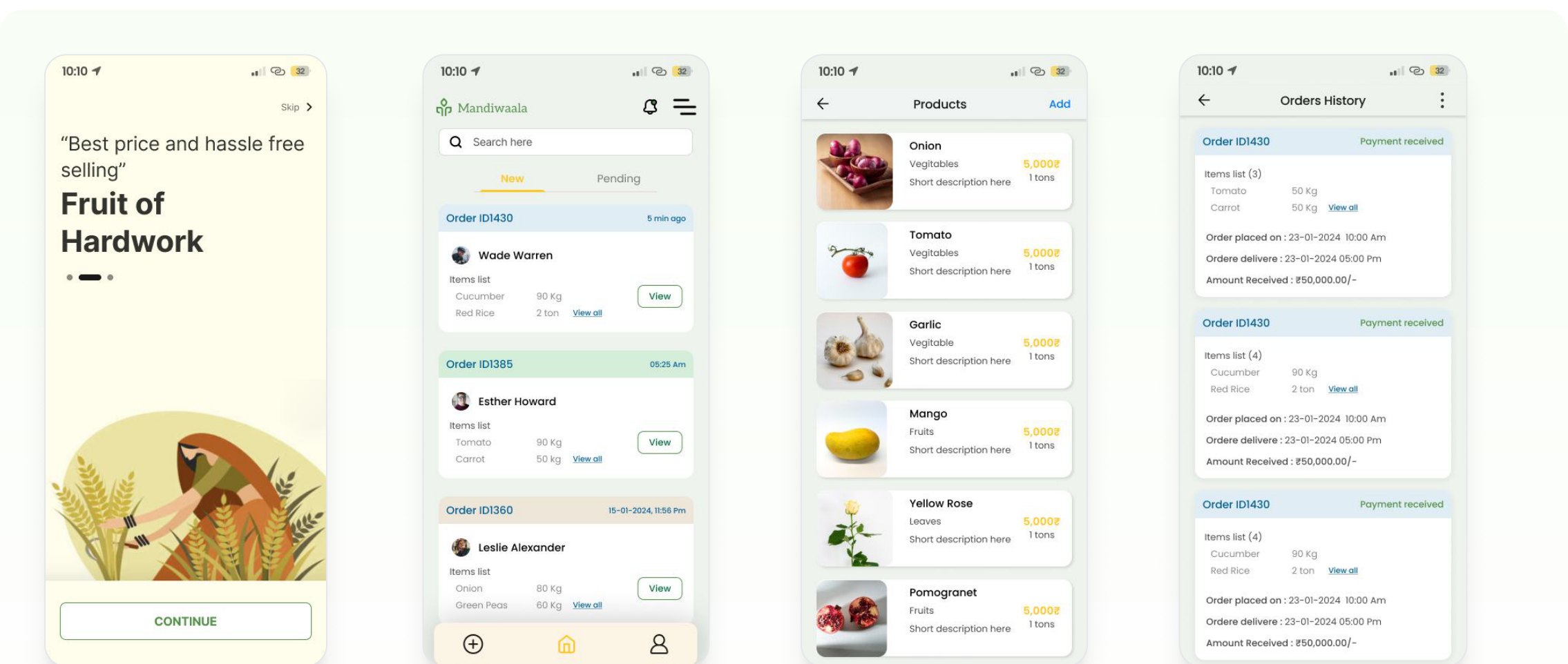 Farmer Mobile App — Intro, Home Screen, Product List, Order History