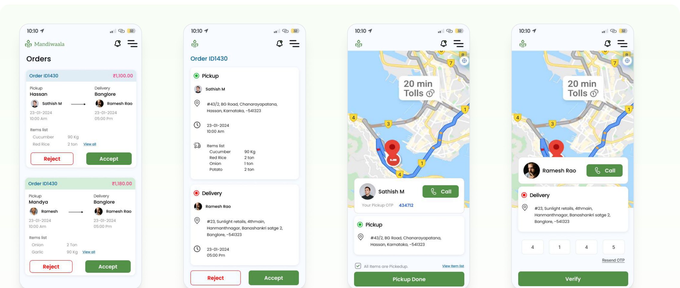 Transport Provider App — Home, Order ID, Pickup Details, Pickup Confirmation