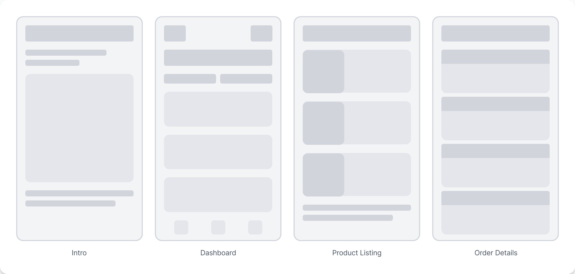 Low-fidelity mobile wireframes — intro, dashboard, product listing and order details