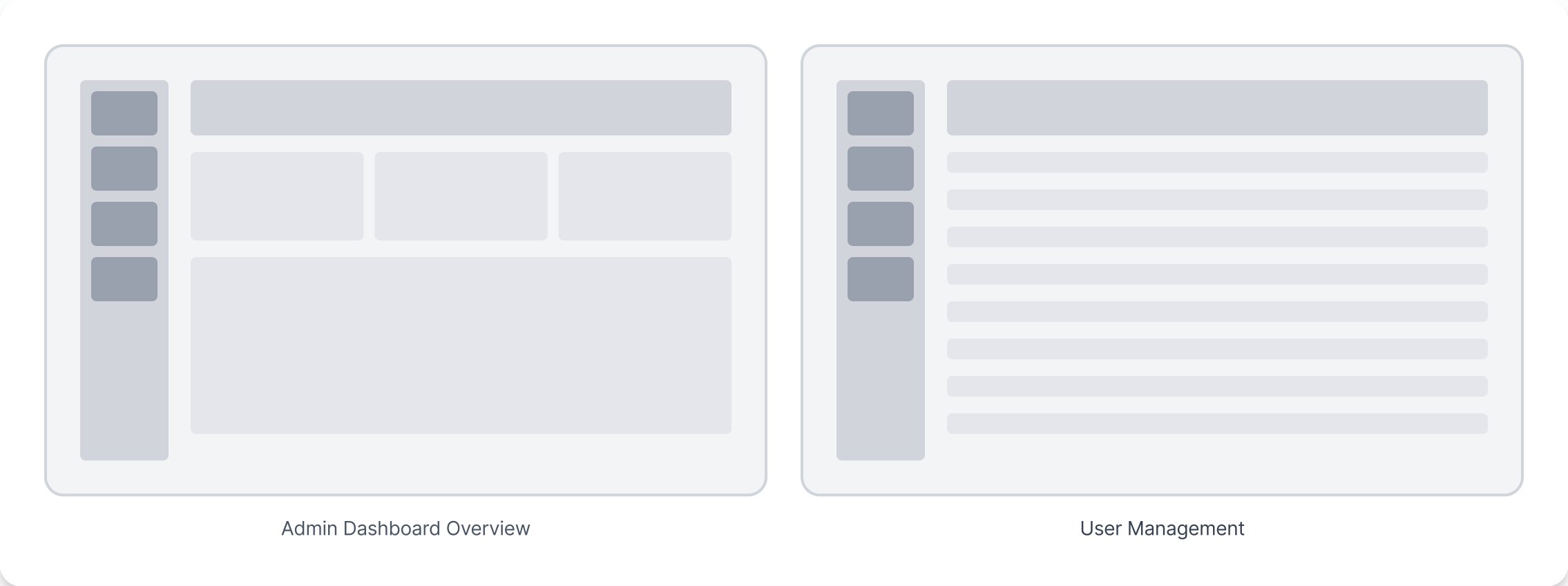 Low-fidelity admin dashboard wireframes — overview and user management