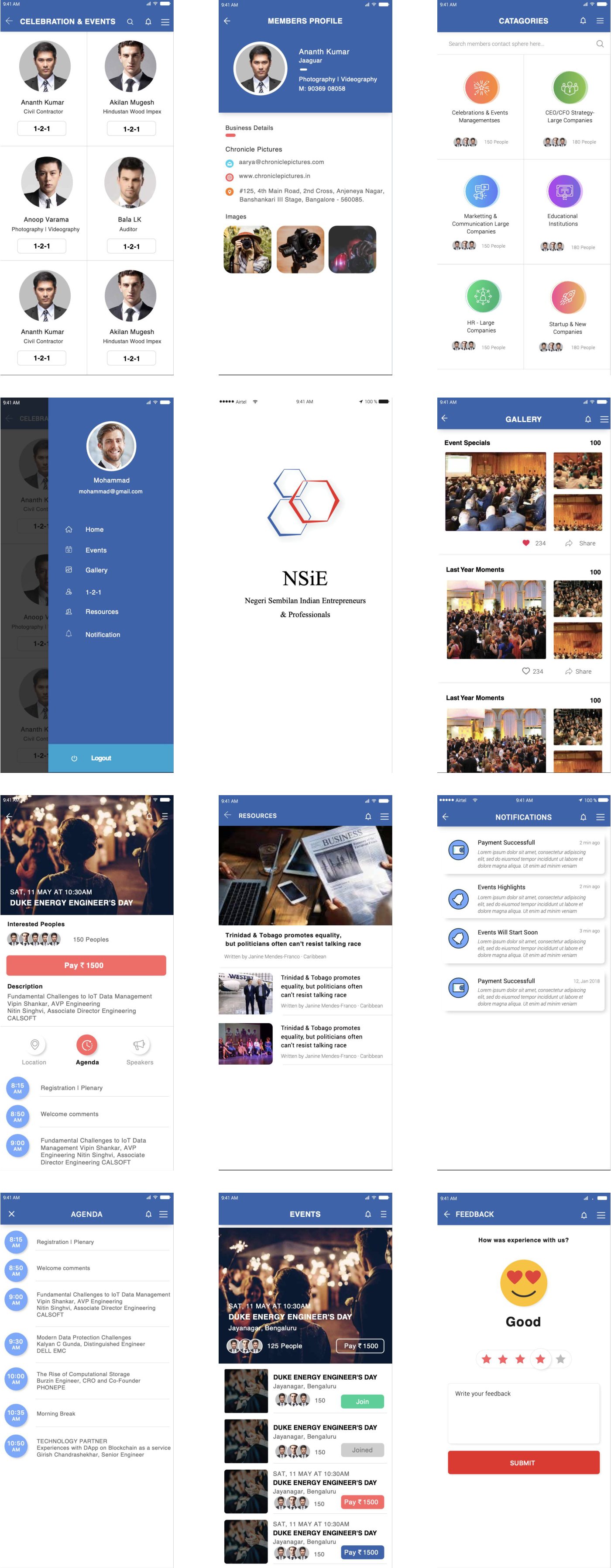 Twelve NSiE interface screens — events, member profile, categories, event detail, resources, payment, agenda and feedback