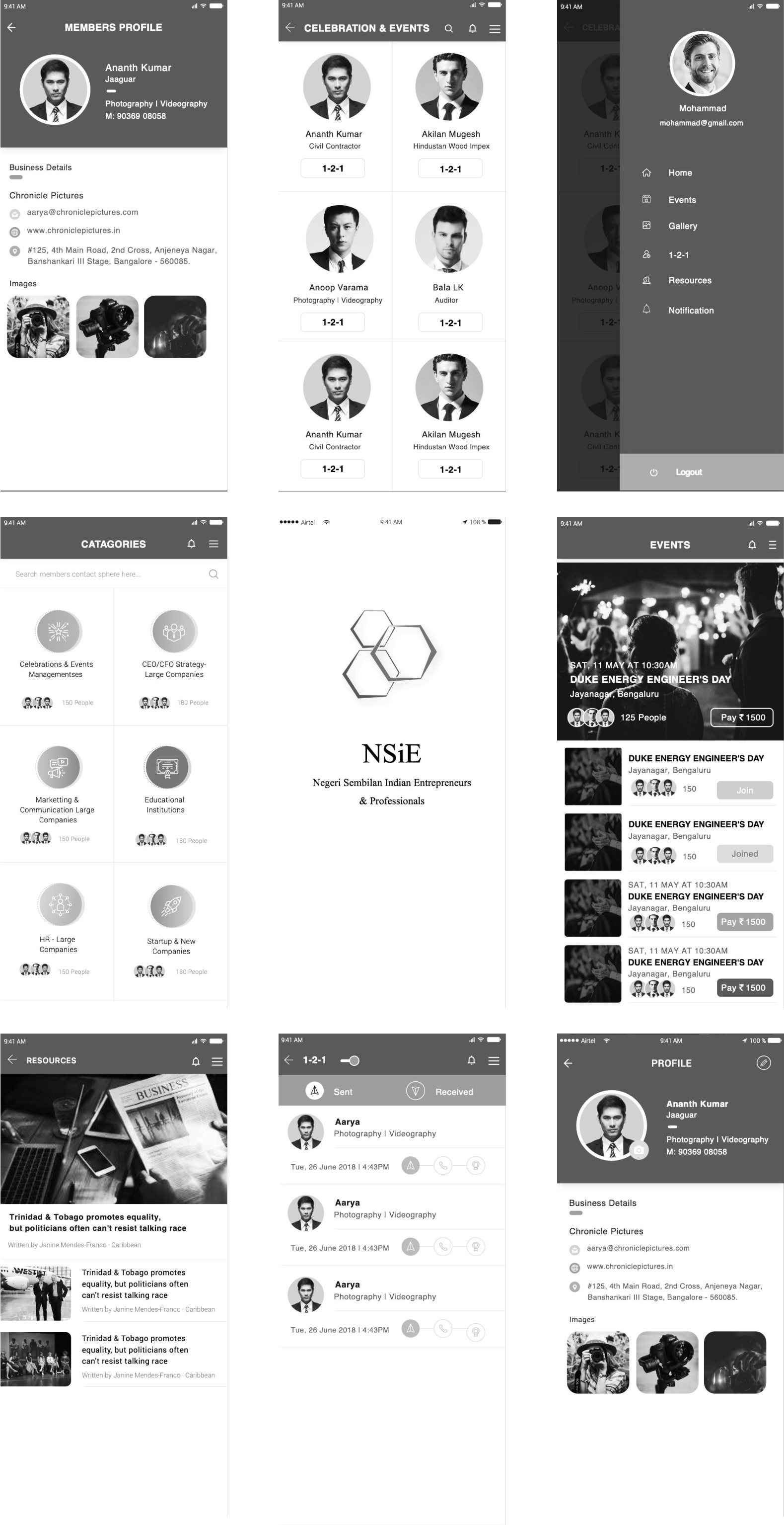 Nine NSiE greyscale wireframe screens — member profile, celebrations & events, navigation drawer, categories, splash, events, agenda and feedback