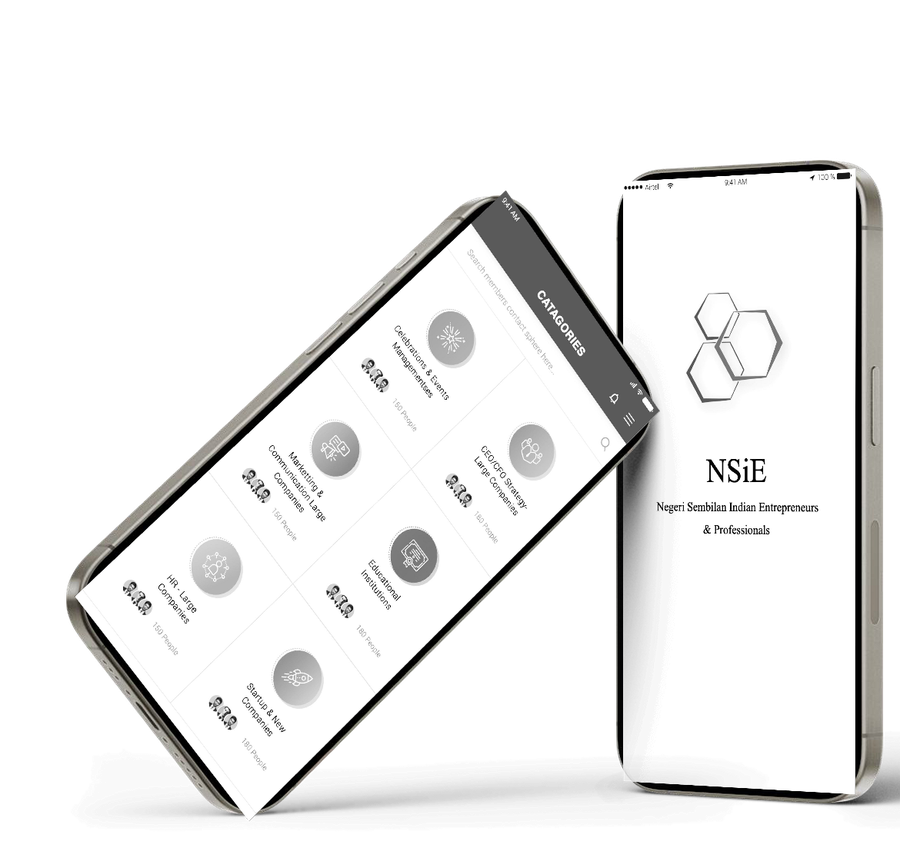 Two NSiE wireframe phones — the categories screen and the splash screen