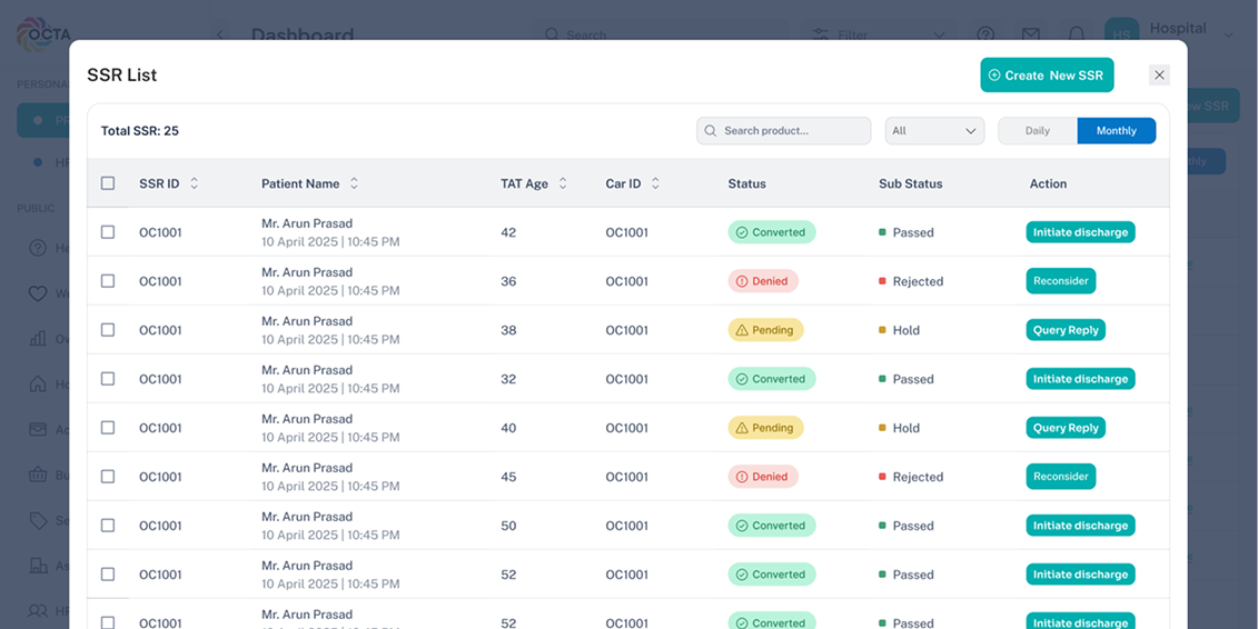 Claims queue list view with filters, search and status badges