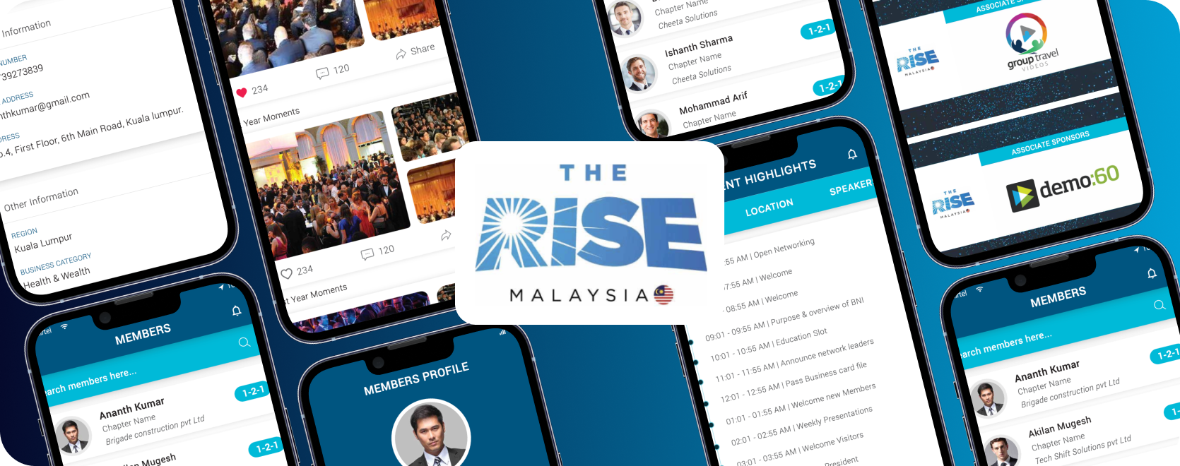 The Rise Malaysia app screens — event home, agenda and networking