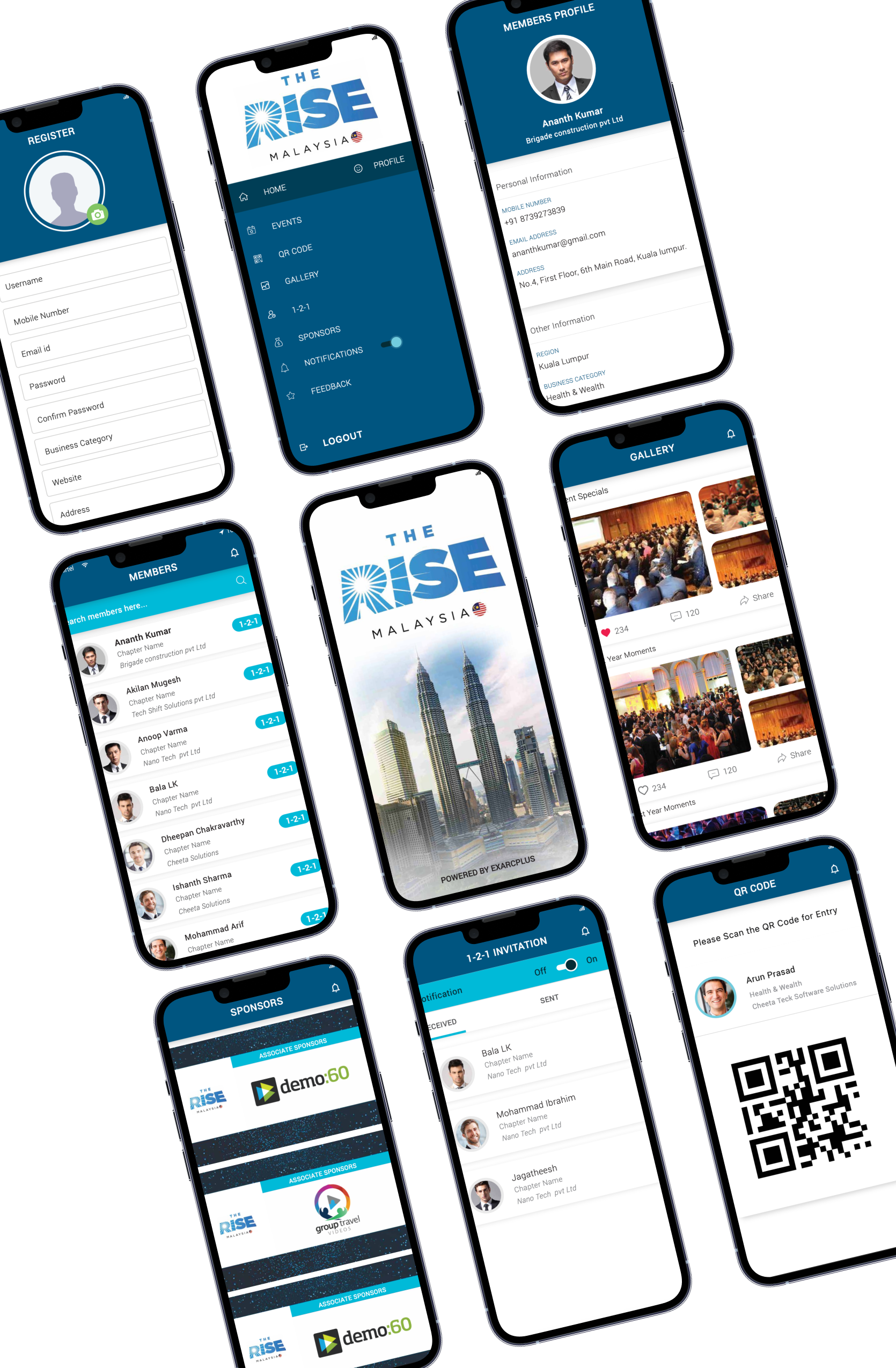 The Rise Malaysia UI collage — profile, event home, speakers and badge screens