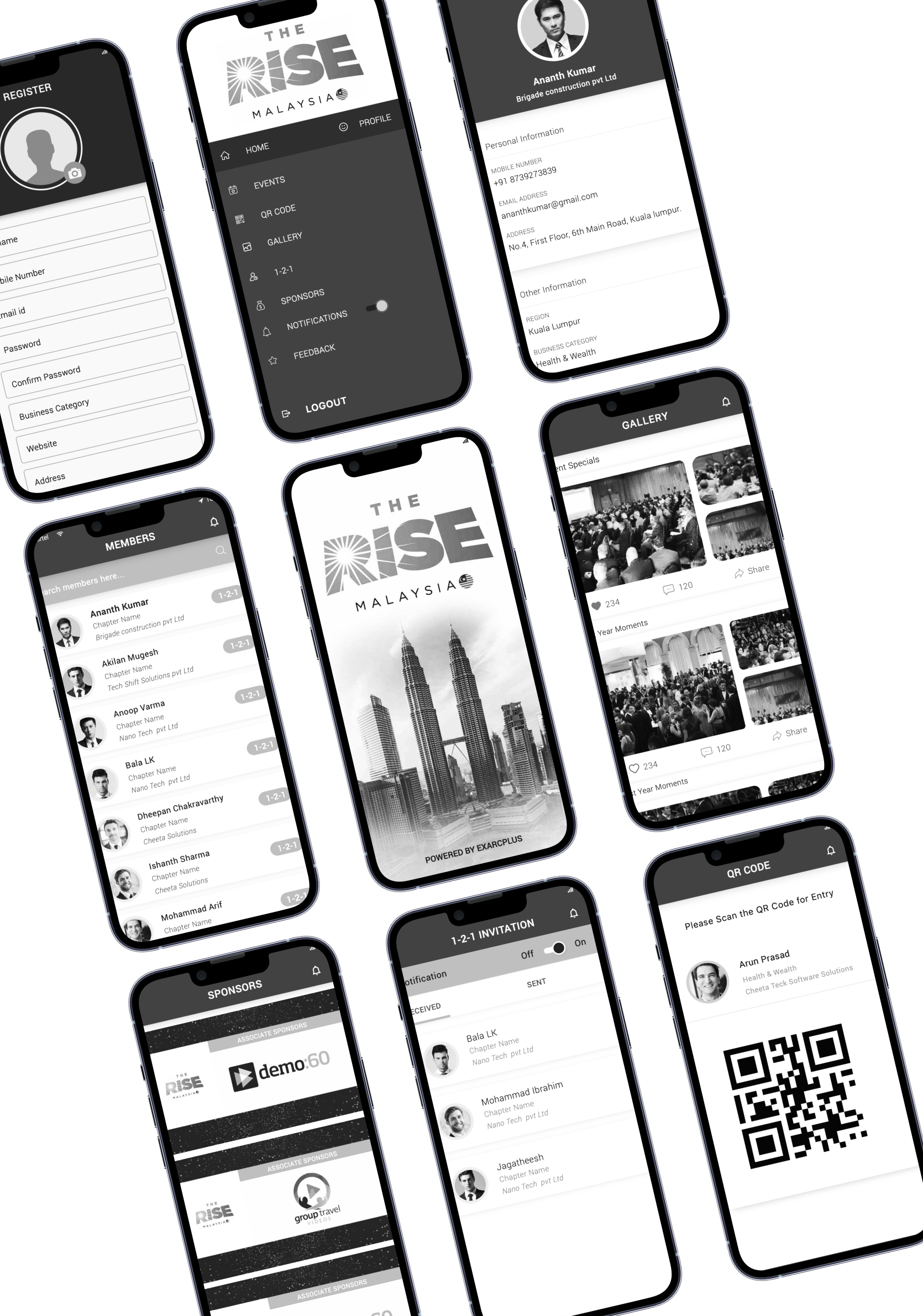 The Rise Malaysia wireframe collage — onboarding, home, agenda, speakers and networking screens