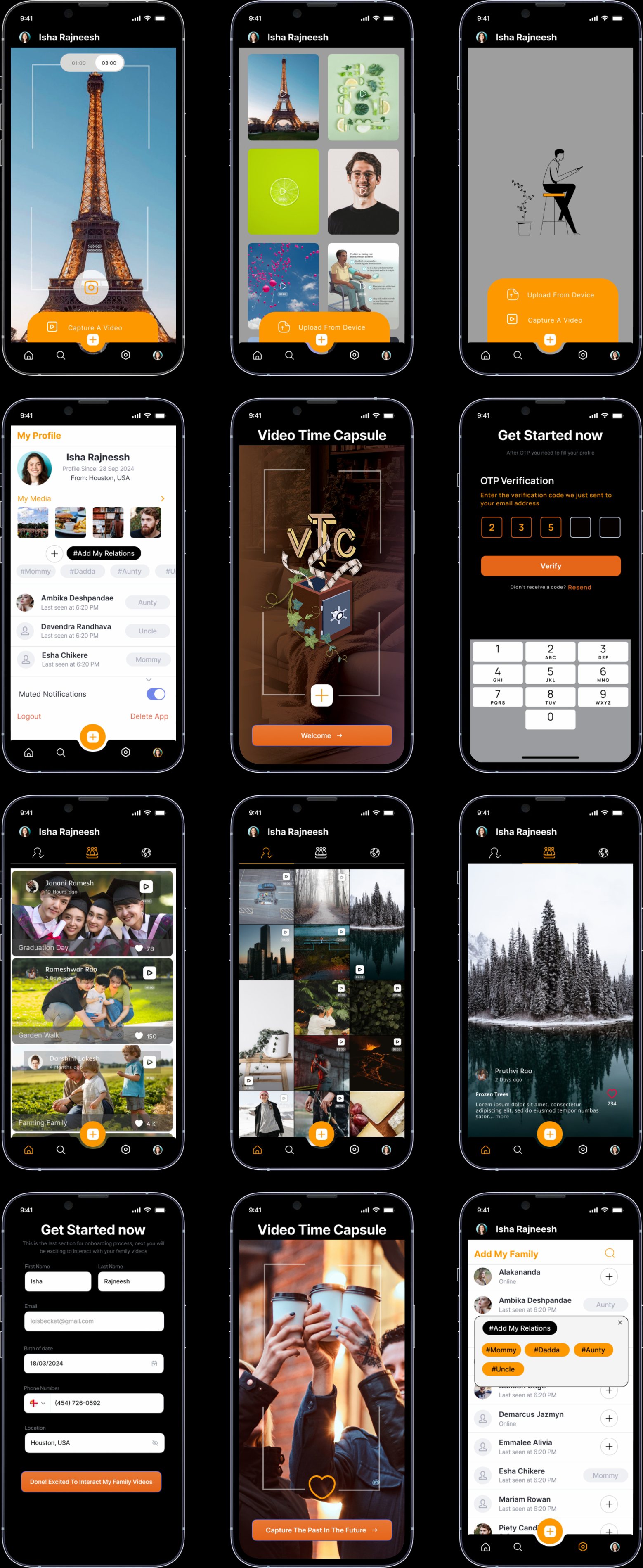 Twelve VTC interface screens in dark mode — feeds, galleries, capsule detail, onboarding and family invites