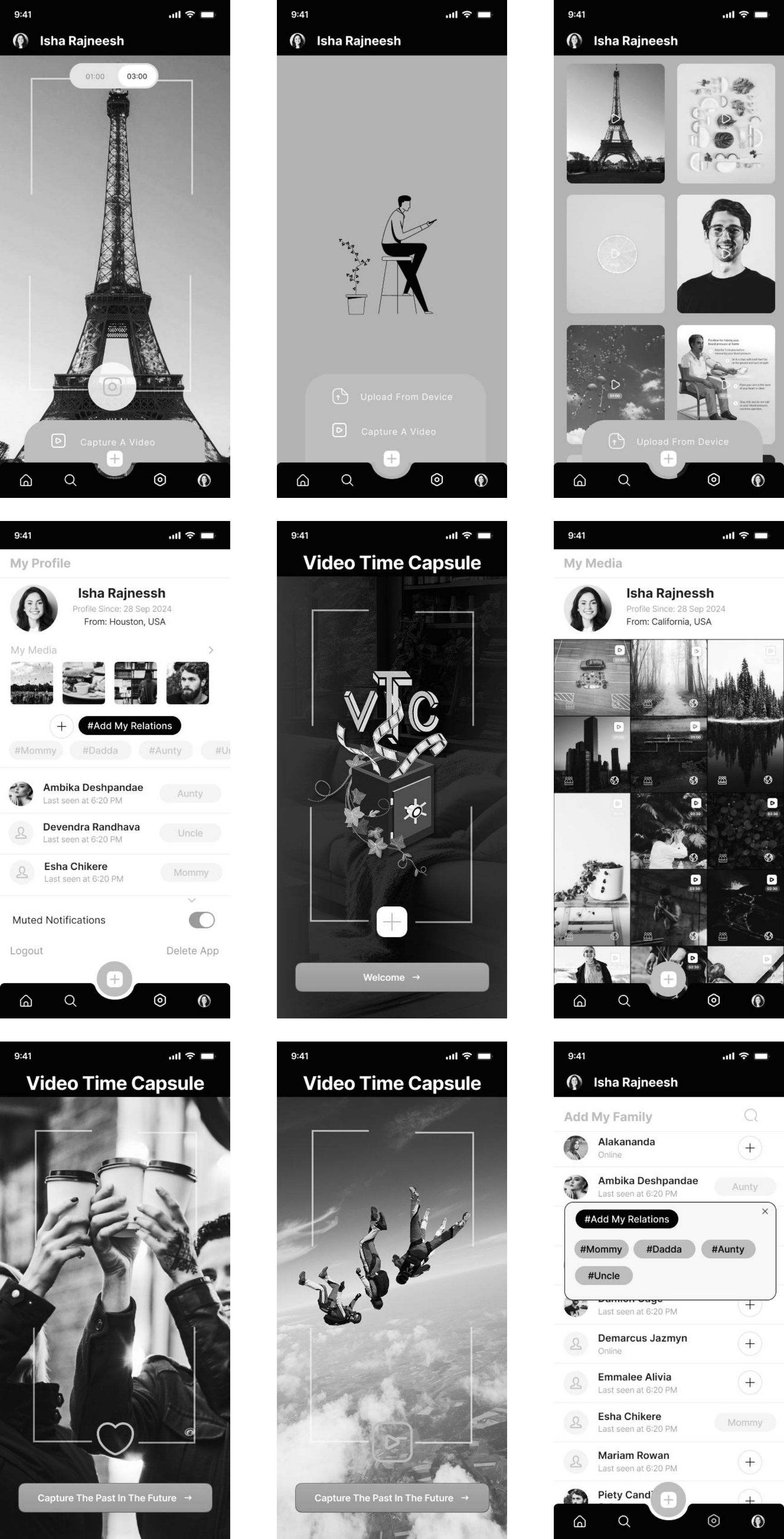 Nine VTC wireframe screens — capture, upload, gallery, profile, welcome and family invites